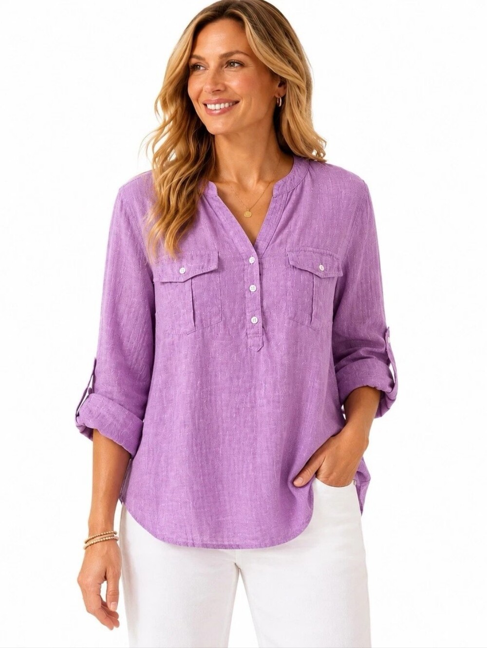 Talbots Purple Linen Top with Chest Pockets And Roll Tab Sleeves